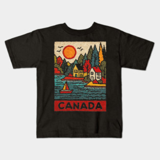 Canadian Maritime Village Linocut Print | Nova Scotia Coastal Town Kids T-Shirt