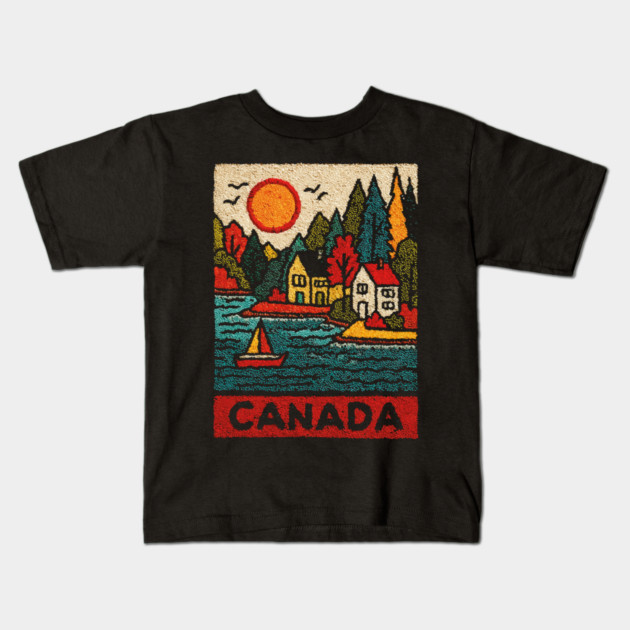 Canadian Maritime Village Linocut Print | Nova Scotia Coastal Town Kids T-Shirt by TuncGK