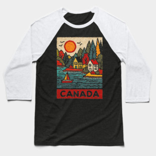 Canadian Maritime Village Linocut Print | Nova Scotia Coastal Town Baseball T-Shirt