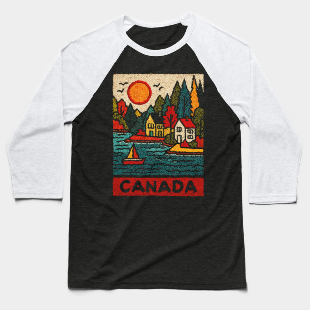 Canadian Maritime Village Linocut Print | Nova Scotia Coastal Town Baseball T-Shirt by TuncGK