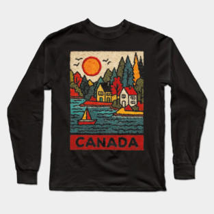 Canadian Maritime Village Linocut Print | Nova Scotia Coastal Town Long Sleeve T-Shirt