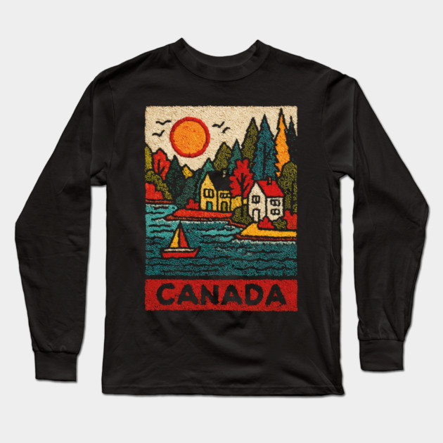 Canadian Maritime Village Linocut Print | Nova Scotia Coastal Town Long Sleeve T-Shirt by TuncGK