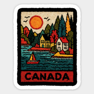 Canadian Maritime Village Linocut Print | Nova Scotia Coastal Town Sticker