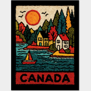 Canadian Maritime Village Linocut Print | Nova Scotia Coastal Town Posters and Art