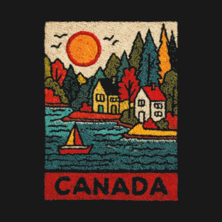 Canadian Maritime Village Linocut Print | Nova Scotia Coastal Town T-Shirt