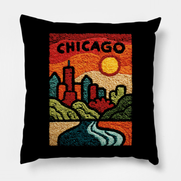 Chicago Abstract Linocut Print | Minimalist Illinois Architecture Souvenir Pillow by TuncGK
