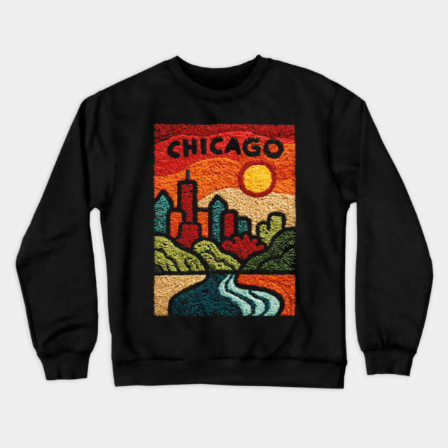 Chicago Abstract Linocut Print | Minimalist Illinois Architecture Souvenir Crewneck Sweatshirt by TuncGK