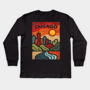 Chicago Abstract Linocut Print | Minimalist Illinois Architecture Souvenir Kids Long Sleeve T-Shirt