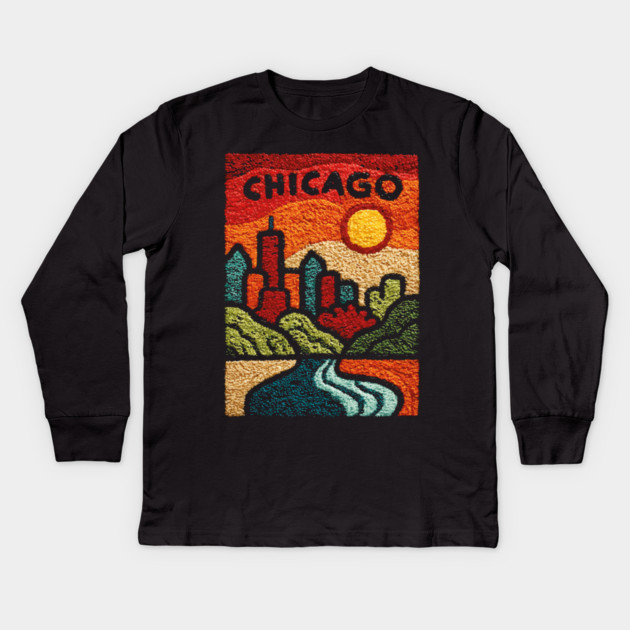 Chicago Abstract Linocut Print | Minimalist Illinois Architecture Souvenir Kids Long Sleeve T-Shirt by TuncGK