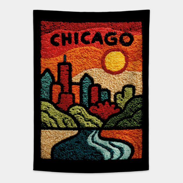 Chicago Abstract Linocut Print | Minimalist Illinois Architecture Souvenir Tapestry by TuncGK