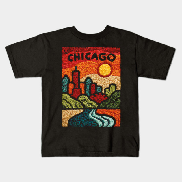 Chicago Abstract Linocut Print | Minimalist Illinois Architecture Souvenir Kids T-Shirt by TuncGK