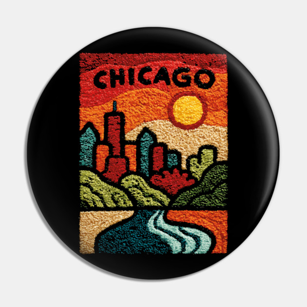 Chicago Abstract Linocut Print | Minimalist Illinois Architecture Souvenir Pin by TuncGK