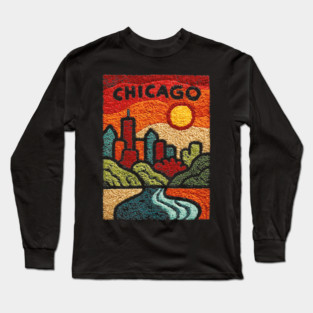Chicago Abstract Linocut Print | Minimalist Illinois Architecture Souvenir Long Sleeve T-Shirt