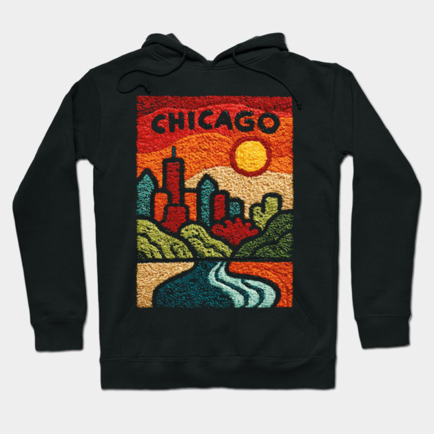 Chicago Abstract Linocut Print | Minimalist Illinois Architecture Souvenir Hoodie by TuncGK