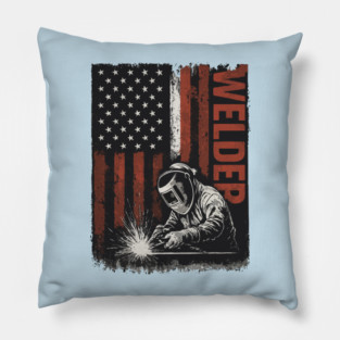 Patriotic Welder American Flag — Distressed USA Welding Graphic Pillow