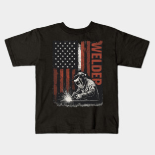 Patriotic Welder American Flag — Distressed USA Welding Graphic Kids T-Shirt