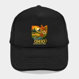 Ohio Buckeye State Cardinal, Football, Riverboat, and Sunset Art Hat
