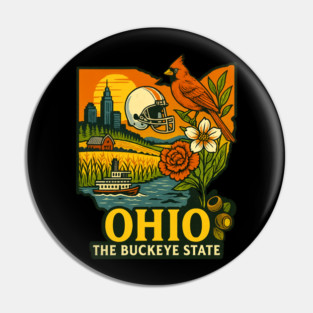 Ohio Buckeye State Cardinal, Football, Riverboat, and Sunset Art Pin