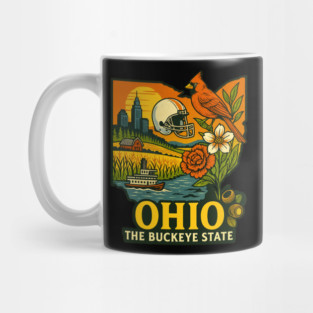 Ohio Buckeye State Cardinal, Football, Riverboat, and Sunset Art Mug