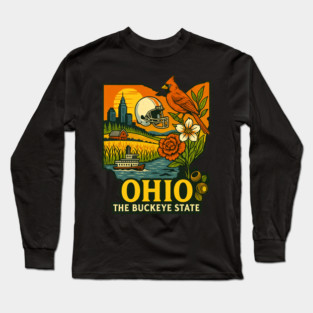 Ohio Buckeye State Cardinal, Football, Riverboat, and Sunset Art Long Sleeve T-Shirt