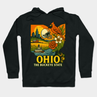 Ohio Buckeye State Cardinal, Football, Riverboat, and Sunset Art Hoodie