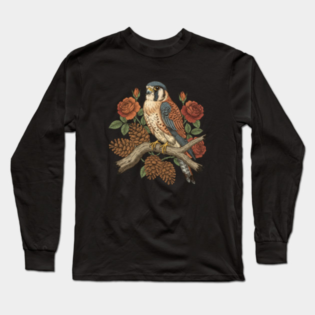 Autumn American Kestrel Nature Bird Art Long Sleeve T-Shirt by BirdsnStuff