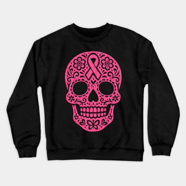 Pink Sugar Skull Breast Cancer Awareness Crewneck Sweatshirt by norhando