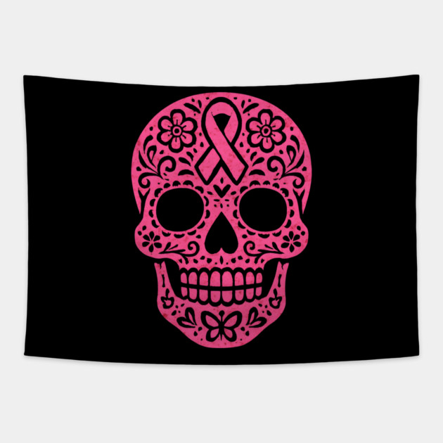 Pink Sugar Skull Breast Cancer Awareness Tapestry by norhando