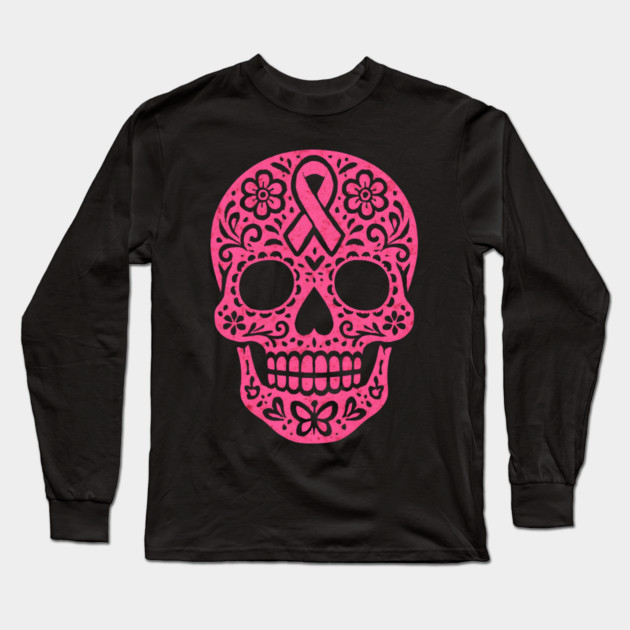 Pink Sugar Skull Breast Cancer Awareness Long Sleeve T-Shirt by norhando