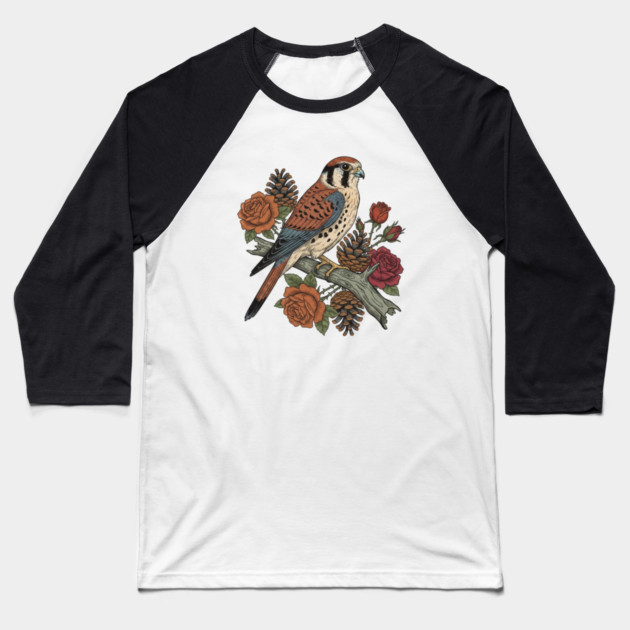 American Kestrel With Roses and Pinecones Bird Art Baseball T-Shirt by BirdsnStuff