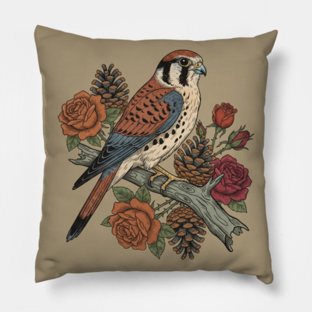 American Kestrel With Roses and Pinecones Bird Art Pillow by BirdsnStuff