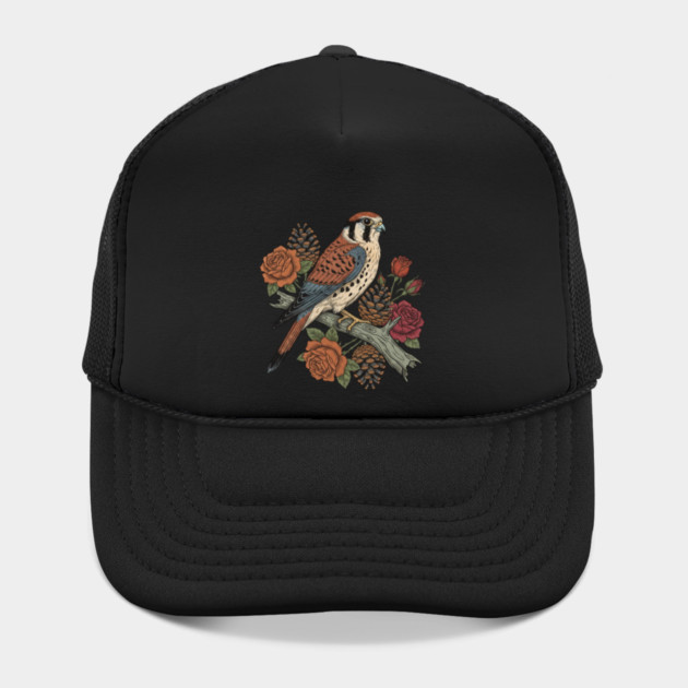 American Kestrel With Roses and Pinecones Bird Art by BirdsnStuff