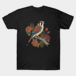 American Kestrel With Roses and Pinecones Bird Art T-Shirt