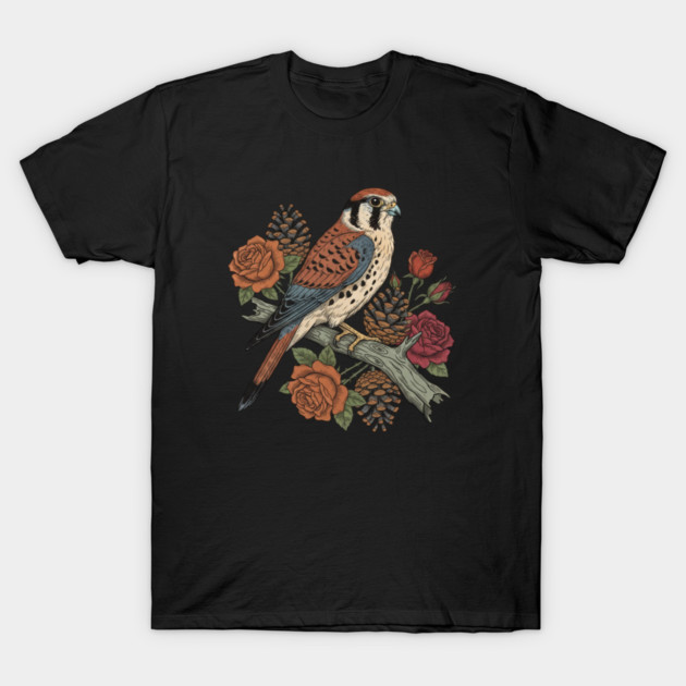 American Kestrel With Roses and Pinecones Bird Art T-Shirt by BirdsnStuff