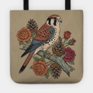 American Kestrel With Roses and Pinecones Bird Art Tote