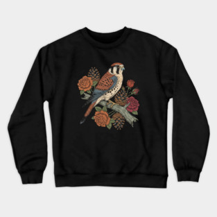 American Kestrel With Roses and Pinecones Bird Art Crewneck Sweatshirt