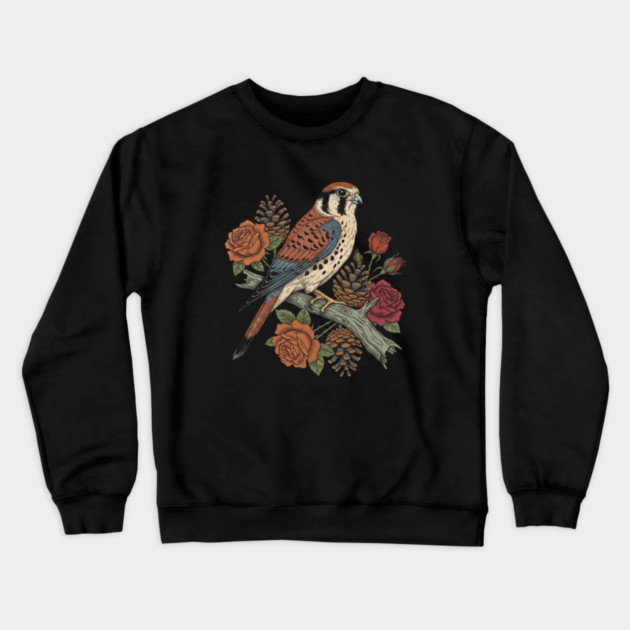 American Kestrel With Roses and Pinecones Bird Art Crewneck Sweatshirt by BirdsnStuff