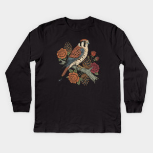 American Kestrel With Roses and Pinecones Bird Art Kids Long Sleeve T-Shirt