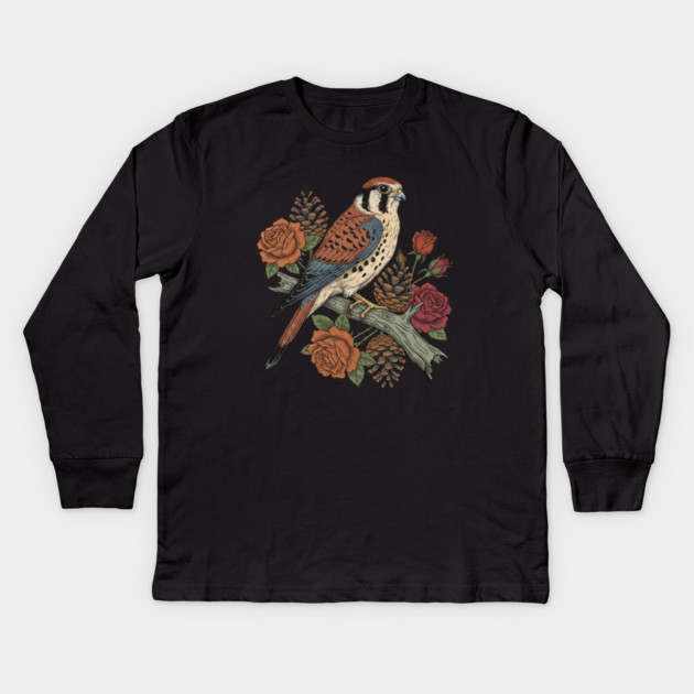American Kestrel With Roses and Pinecones Bird Art Kids Long Sleeve T-Shirt by BirdsnStuff
