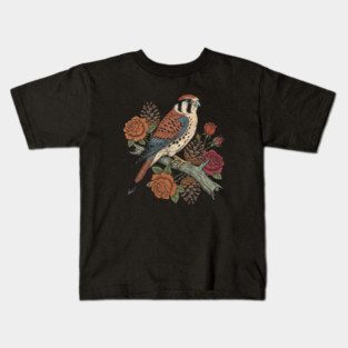 American Kestrel With Roses and Pinecones Bird Art Kids T-Shirt