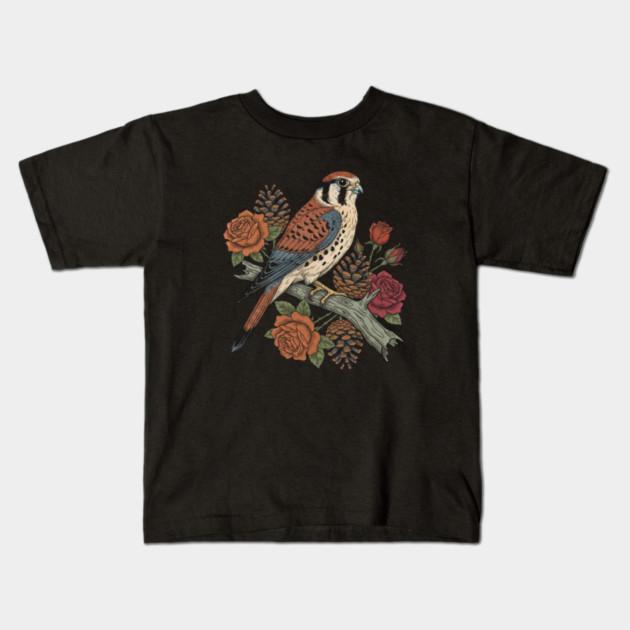 American Kestrel With Roses and Pinecones Bird Art Kids T-Shirt by BirdsnStuff