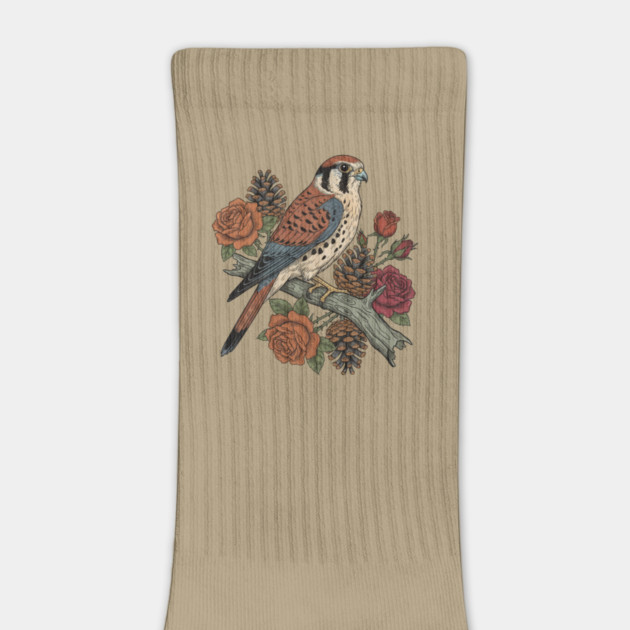 American Kestrel With Roses and Pinecones Bird Art by BirdsnStuff