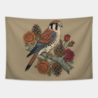 American Kestrel With Roses and Pinecones Bird Art Tapestry