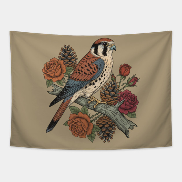 American Kestrel With Roses and Pinecones Bird Art Tapestry by BirdsnStuff
