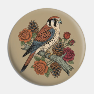 American Kestrel With Roses and Pinecones Bird Art Pin
