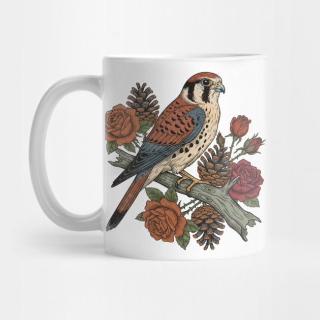 American Kestrel With Roses and Pinecones Bird Art by BirdsnStuff