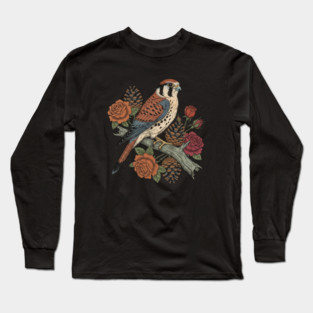 American Kestrel With Roses and Pinecones Bird Art Long Sleeve T-Shirt