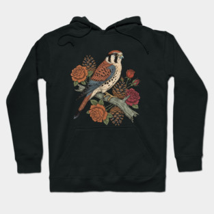 American Kestrel With Roses and Pinecones Bird Art Hoodie