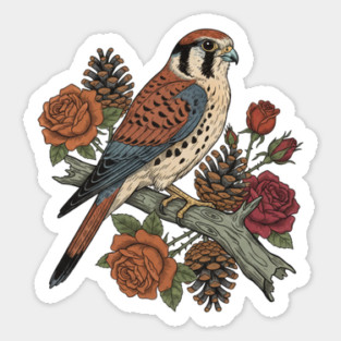 American Kestrel With Roses and Pinecones Bird Art Sticker