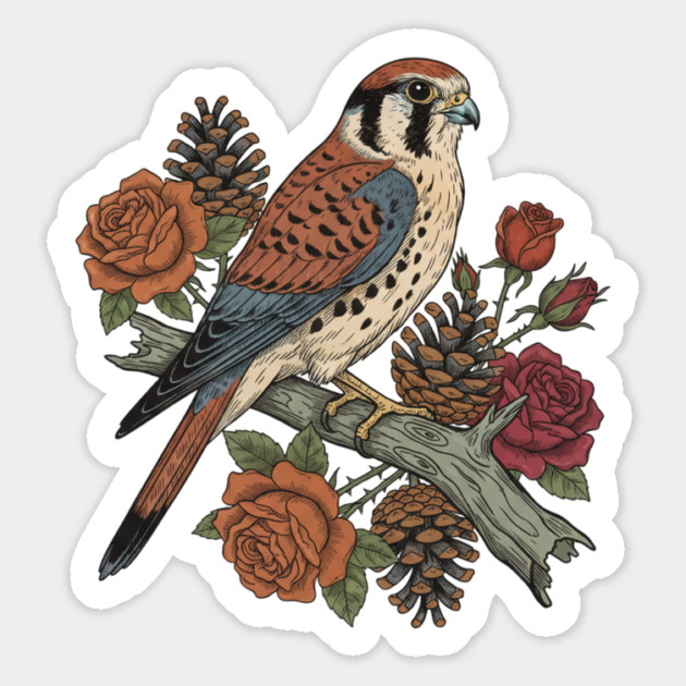 American Kestrel With Roses and Pinecones Bird Art Magnet by BirdsnStuff